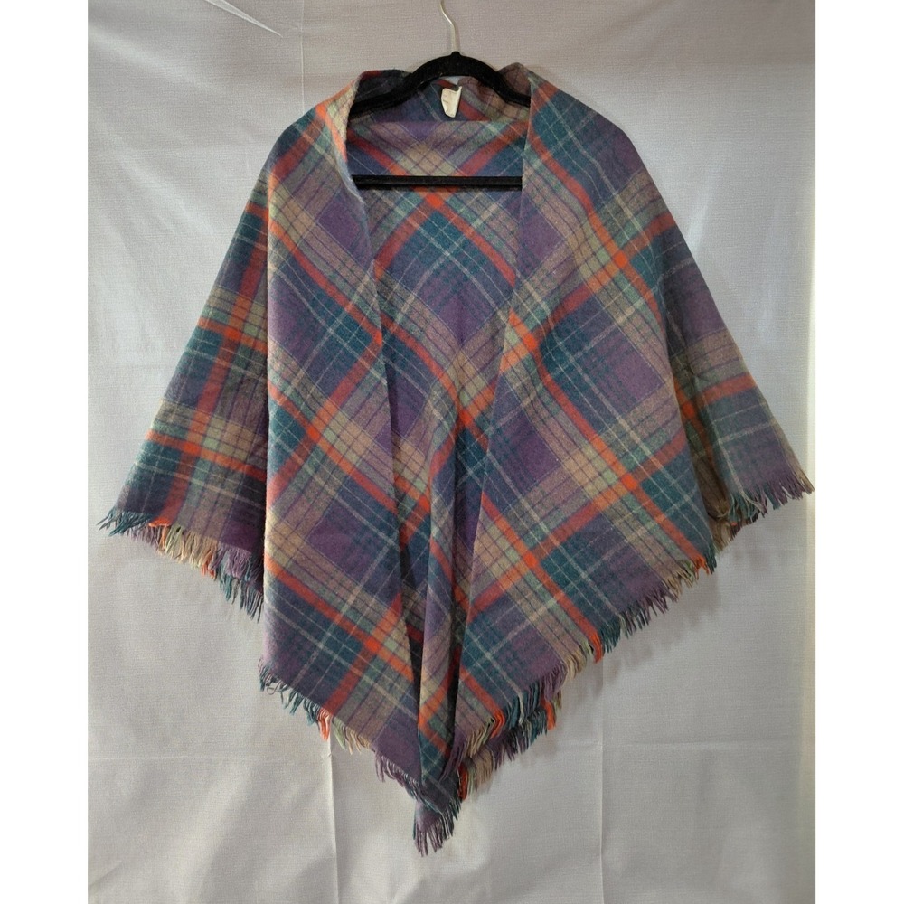 Vtg Le Damor Tartan Plaid Wool Blend Shawl OS Purple Blue